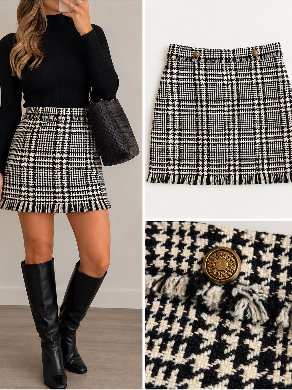 Zara Woman Black White Tweed Mini Skirt Size Small Fringe Gold Buttons